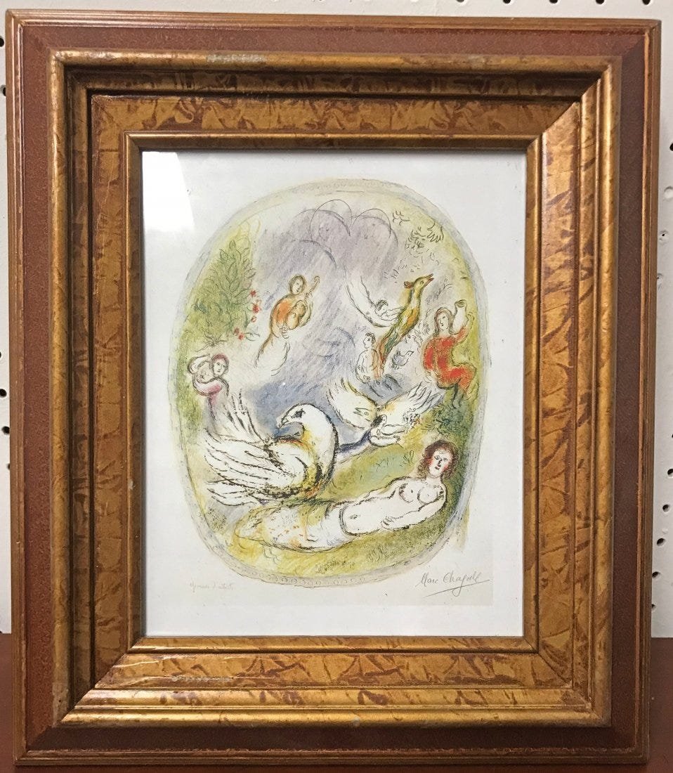 Marc Chagall (Russian-French, 1887 - 1985) Lithograph: Marc Chagall (Russian-French, 1887 - 1985) Plate Signed Lithograph "L'Age d'Or" / "Golden Age". Measures 15" x 13" framed. In house shipping is available, buyer pays shipping cost.