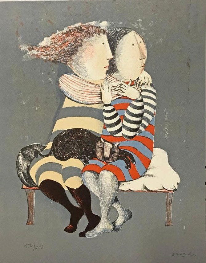 Graciela Rodo Boulanger (Bolivian B. 1935) Lithograph: Graciela Rodo Boulanger (Bolivian B. 1935) Limited Edition Lithograph "Etreindre Des Couples" (Sisters with Cat). Measures 13" x 10". In house shipping is available, buyer pays shipping cost.