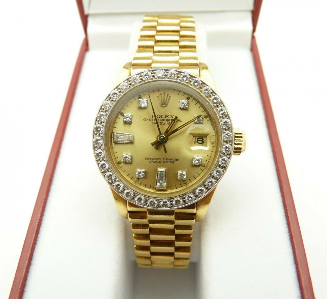 Rolex 6917 Datejust President 18K Gold Lady Watch Gold: Rolex 6917 Datejust President 18K Gold Lady Watch Gold Dial Diamond Bezel 1982. Case Diameter: - 26 mm. Thickness: - 11 mm. Bracelet wrist size approx: - 6 ". Movement: - Automatic. Case Material: - 1