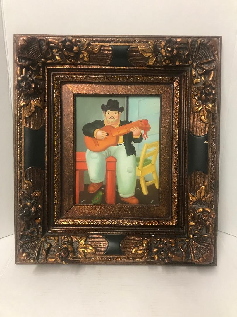 Fernando Botero Style Oil Painting On Board Guitarist: Fernando Botero Style Oil Painting On Board Guitar Player. Measures 19" x 17" framed. In house shipping is available, buyer pays shipping cost