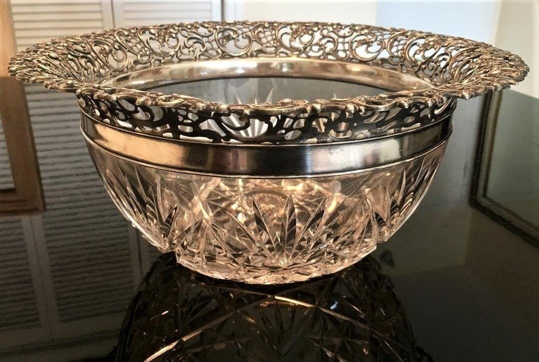 Lg Antique WHITING Sterling Silver Cut Crystal Bowl (1 of 12)