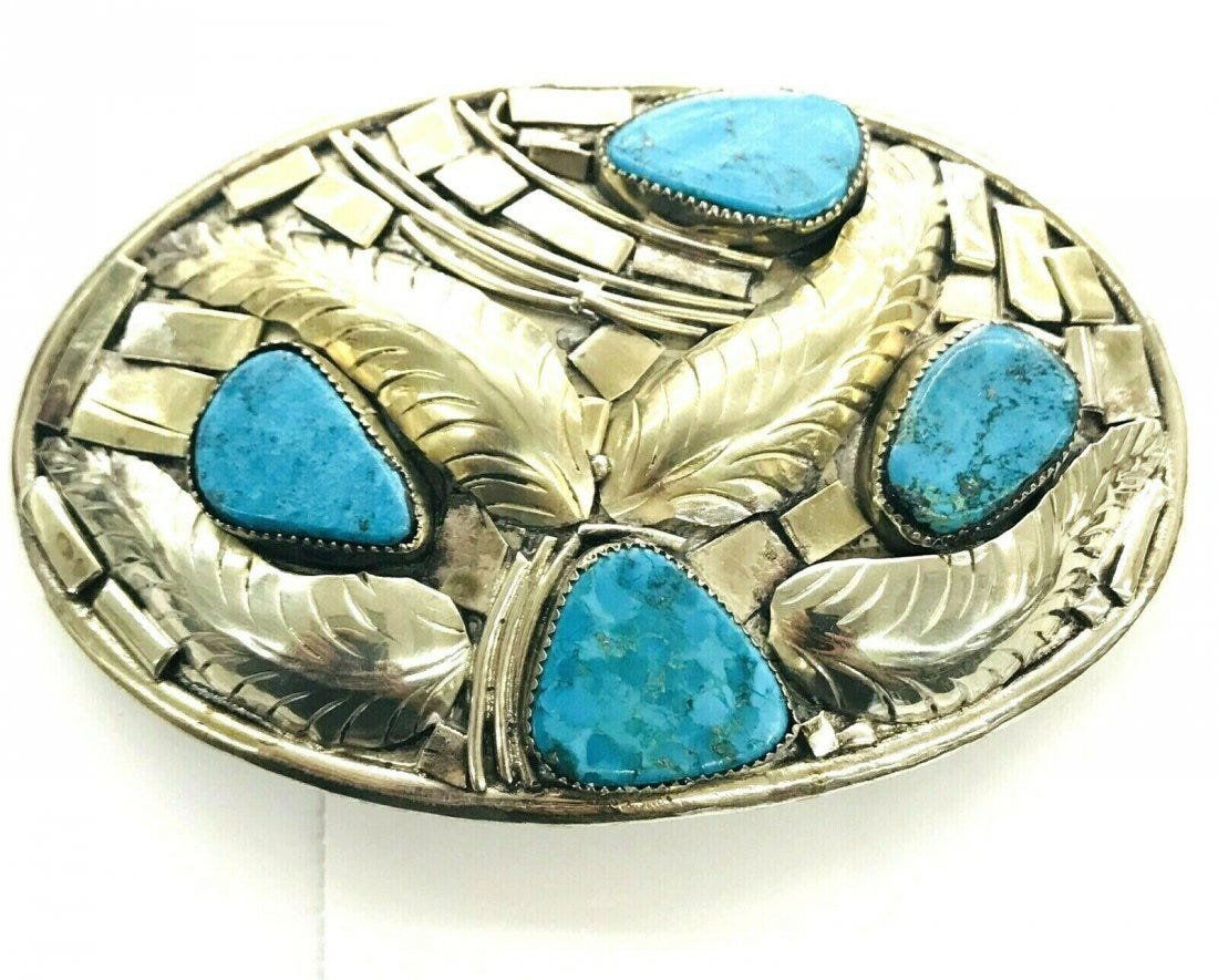 LARGE VINTAGE STERLING SILVER NAVAJO INDIAN BELT BUCKLE (1 of 4)