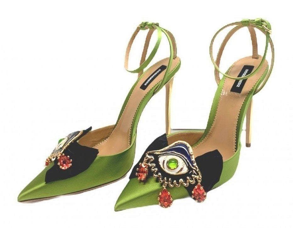 NEW DSQUARED2 Satin Ankle Strap Court Green Shoes: New DSQUARED2 S17A303 Satin Ankle Strap Court Green Shoes Treasure Eye. Made in Italy. Size 41. Come with original box. In house shipping is available, buyer pays shipping cost. House id 01.