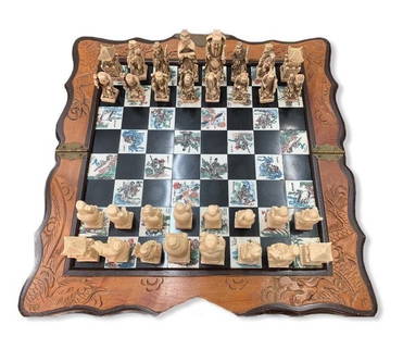 Vintage Asian Chinese Carved Chess Board Game: Vintage Asian Chinese Carved Chess Board Game. This vintage set does include all the pieces. Bigger pieces measure 104mm/4" average height, with base square of 32mm/1.25". Smaller pieces measure 60mm/