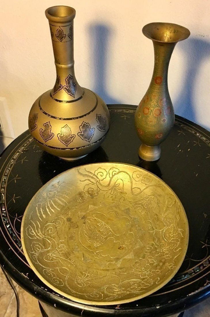 Lot of 3 Asian Brass Vases & Dragon Engraved Bowl (1 of 7)