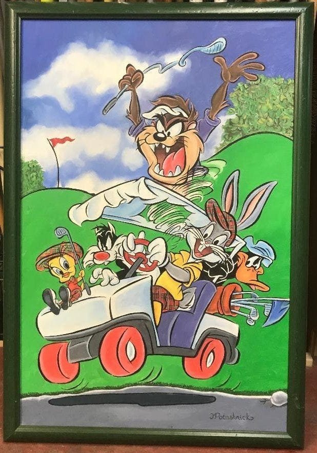 Looney Tunes Large Oil Painting on Canvas Signed: Characters from Looney Tunes Cartoon. Oil on Canvas. Signed Potashnick lower right. Measures 39" x 27" framed. In house shipping is available, buyer pays shipping cost.
