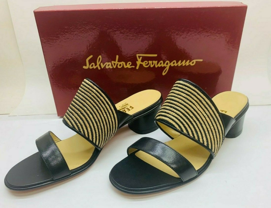 Salvatore Ferragamo Duilia Nero Natur Leather Shoes: Salvatore Ferragamo Duilia 0148279 4cm Nero Natur Straw Leather Black Sandals. Made in Italy. Size 8B. Great condition. Come with original box. In house shipping is available, buyer pays shipping cost