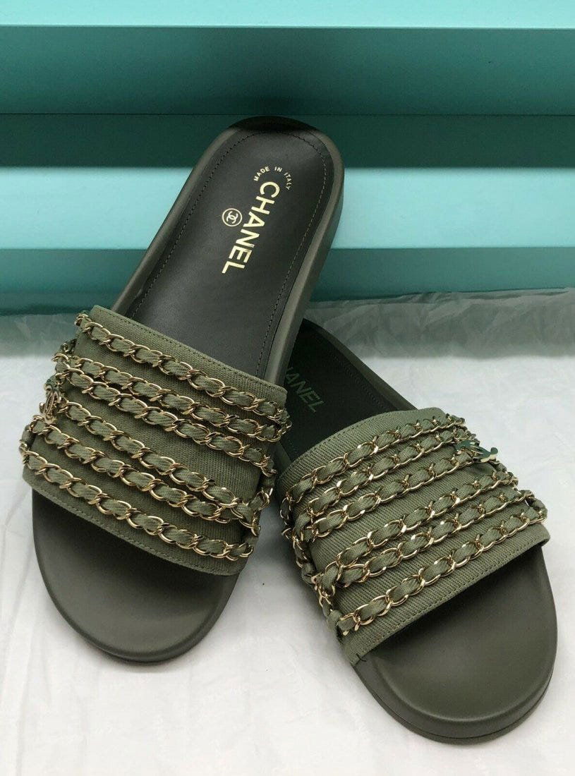CHANEL Khaki Slides with Gold Tone Chain and Hanging CC (1 of 7)