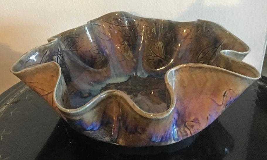 Studio Art Pottery Glazed Ceramic Bowl Ruffle Rim (1 of 5)