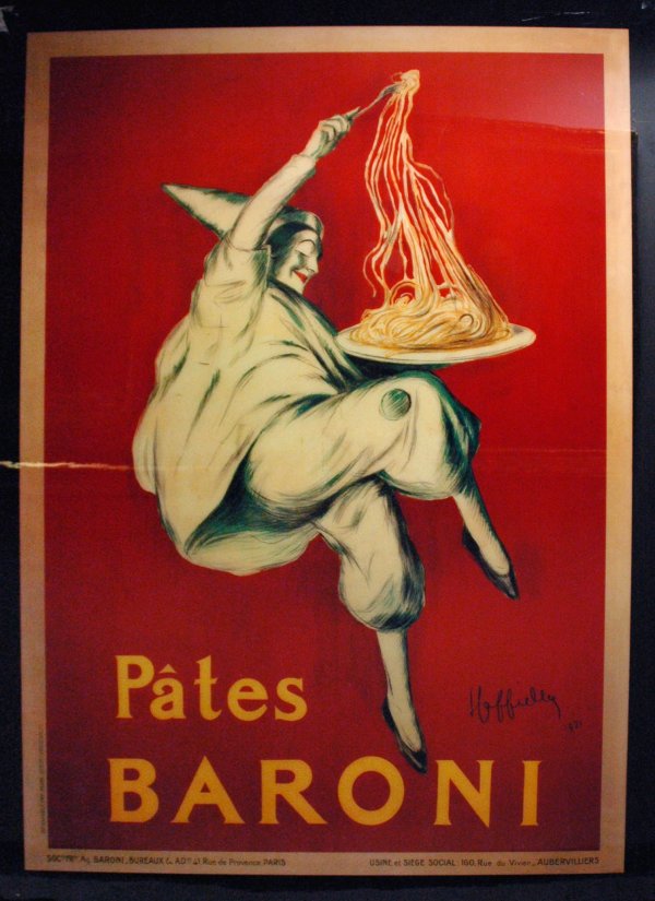 Lacquered Print on Board, Pates Baroni: Lacquered print on board, "Pates Baroni," from the original 1921, 50" H x 38" W, framed 55" H x 43" W; some minor scuffing to exterior lacquered surface.
