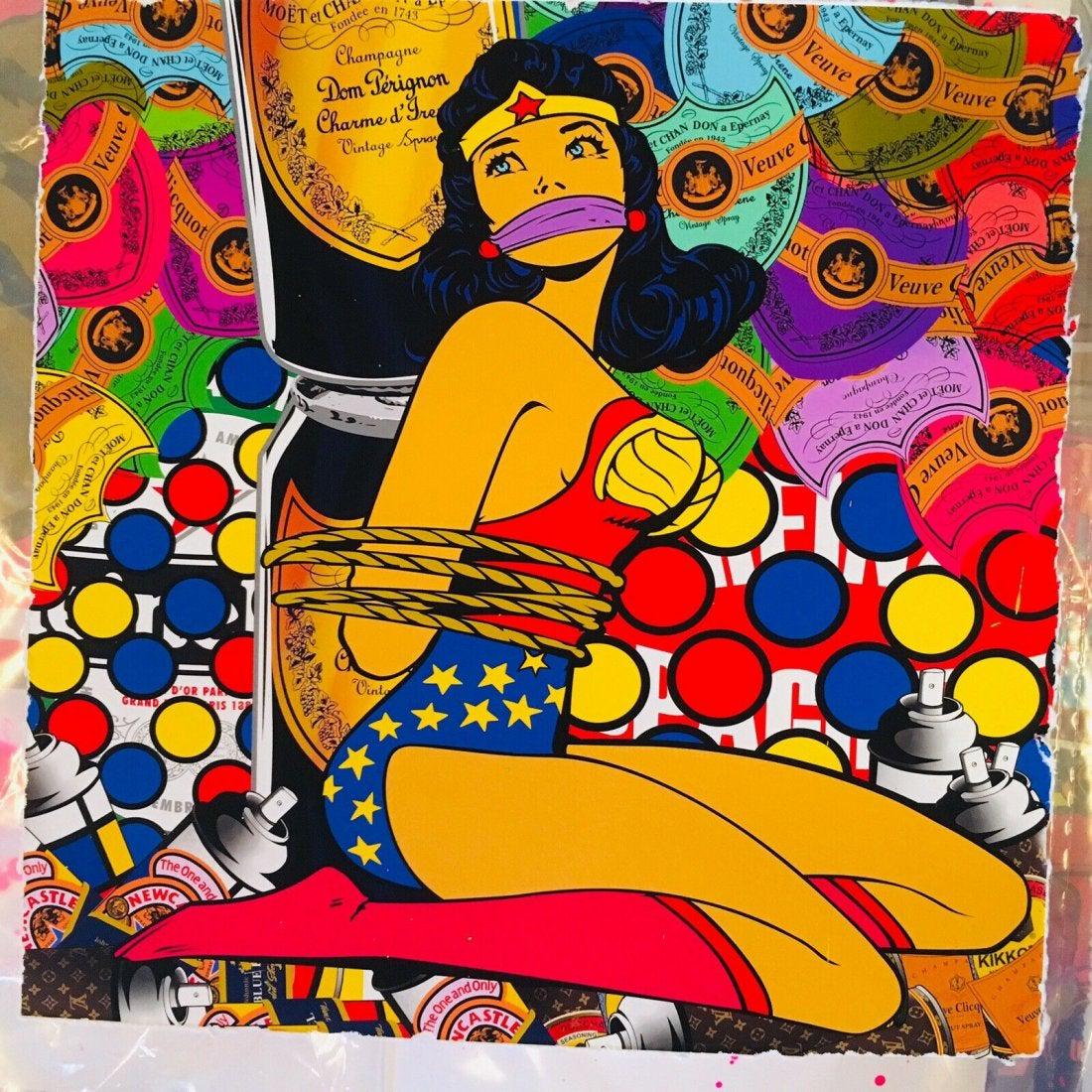 Mr Clever Art WONDER WOMAN BONDAGE champagne street art: 'WONDER WOMAN BONDAGE (JUXTAPop SERIES)' Limited Edition Luxury Archival Pigment Print by Mr Clever Art. Premium Luxury Art Print, Artist hand deckled colored edges, Archival Luxury Rag fine art paper