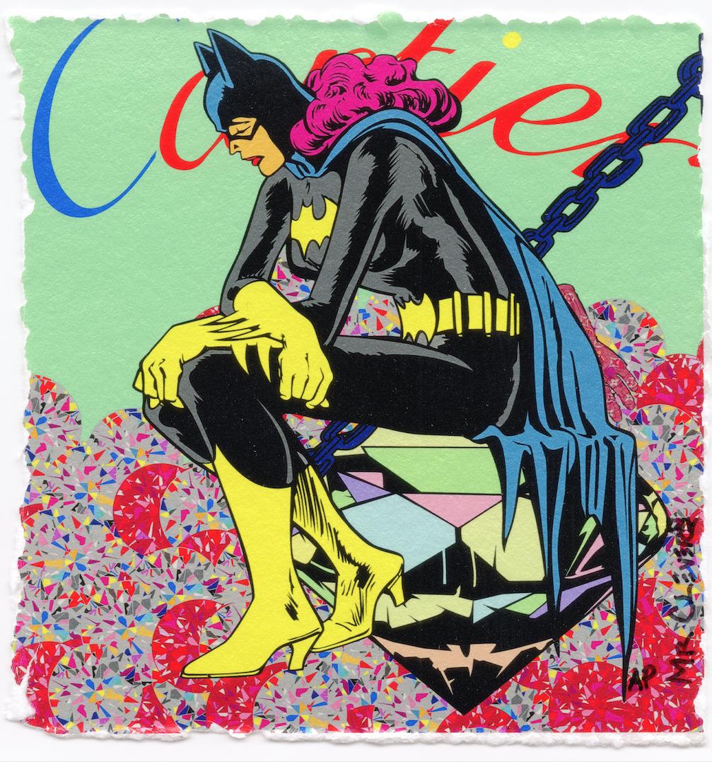 Mr Clever Art BATGIRL BONDAGE ON A CARTIER DIAMOND: 'BATGIRL BONDAGE ON A CARTIER DIAMOND (JUXTAPop METALLIC EDITION)' Limited Edition Luxury Metallic Archival Pigment Print by Mr Clever Art. Premium Luxury Metallic Art Print, Artist hand deckled color
