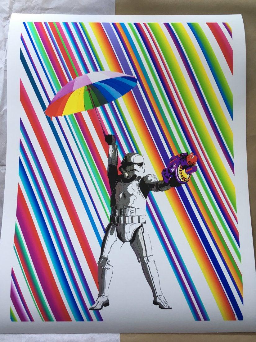 Mr Clever Art Star Wars Stormtrooper Fine Art Print: 'Stormtrooper Stormy Night' Limited Edition Luxury Archival Pigment Print by Mr Clever Art. Premium Luxury Art Print, Artist hand deckled colored edges, Archival Luxury Rag fine art paper. Year 2017. 
