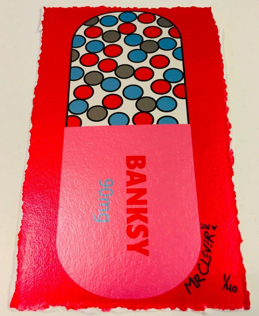 Mr Clever Art BANKSY 90MG PILL PINK METALLIC street art: 'BANKSY 90MG LUXURY PILL PINK METALLIC EDITION' Limited Edition Luxury Archival Pigment Print by Mr Clever Art. Premium Luxury Art Print, Artist hand deckled colored edges, Archival Luxury Rag fine ar
