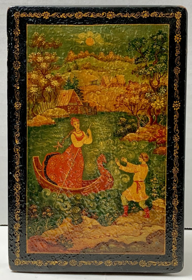 RARE Soviet Vintage Wooden Box Painted black outside and Red: Wooden box painted black outside and red inside. Beautiful landscape on top with woman on boat in a river browsing towards what appears to be her lover notes:Marked on the back as painted in the USSR 