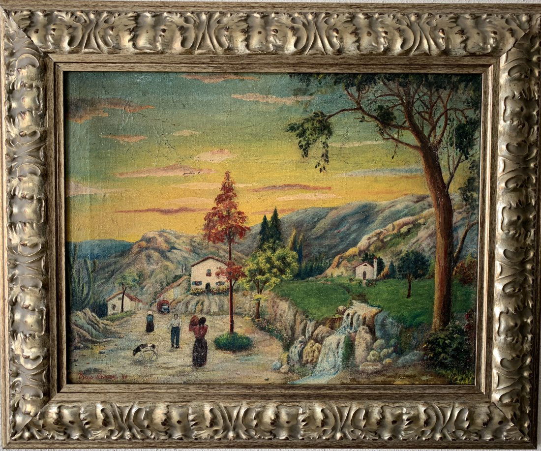 DIEGO RIVERA OIL ON CANVAS Y-1938 Vintage Painting (COA) Spectacular Landscape: Artist Name: Diego Riveramedium: OIL ON CANVAScirca:1938Beautiful Mexican landscape that shows family lifestyle in the countryside. Spectacular custom gold frame. Comes with Certificate of Authenticit