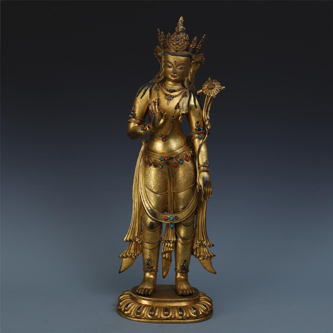A Chinese Gilt Bronze Figure of Standing Tara Inlaid (1 of 11)