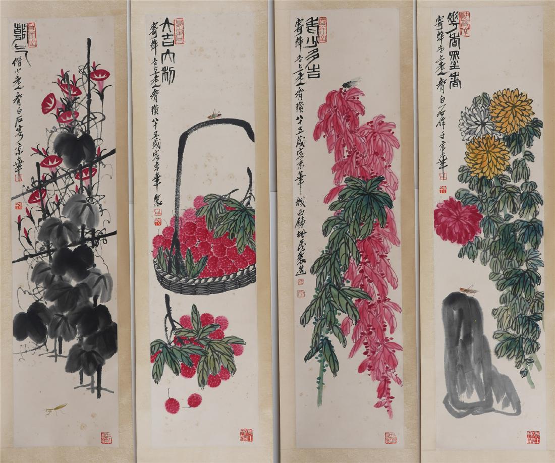 A Set of Four Hanging Scrolls of Flowers by Qi Baishi (1 of 12)