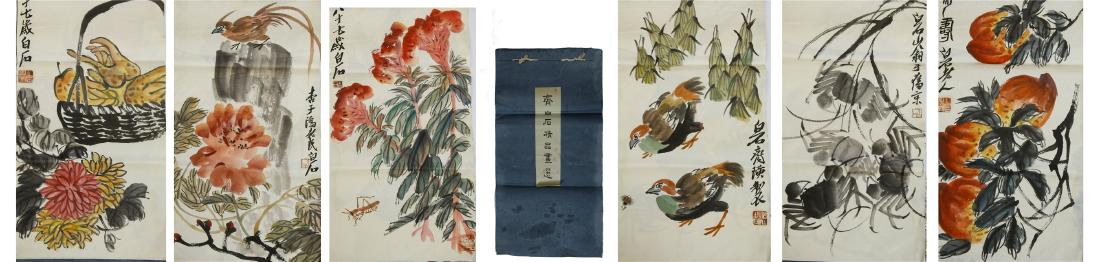 A Chinese Painting Alubm of Flower by Qi Baishi, 11: 68x34.5 cm. Total 11 pages.