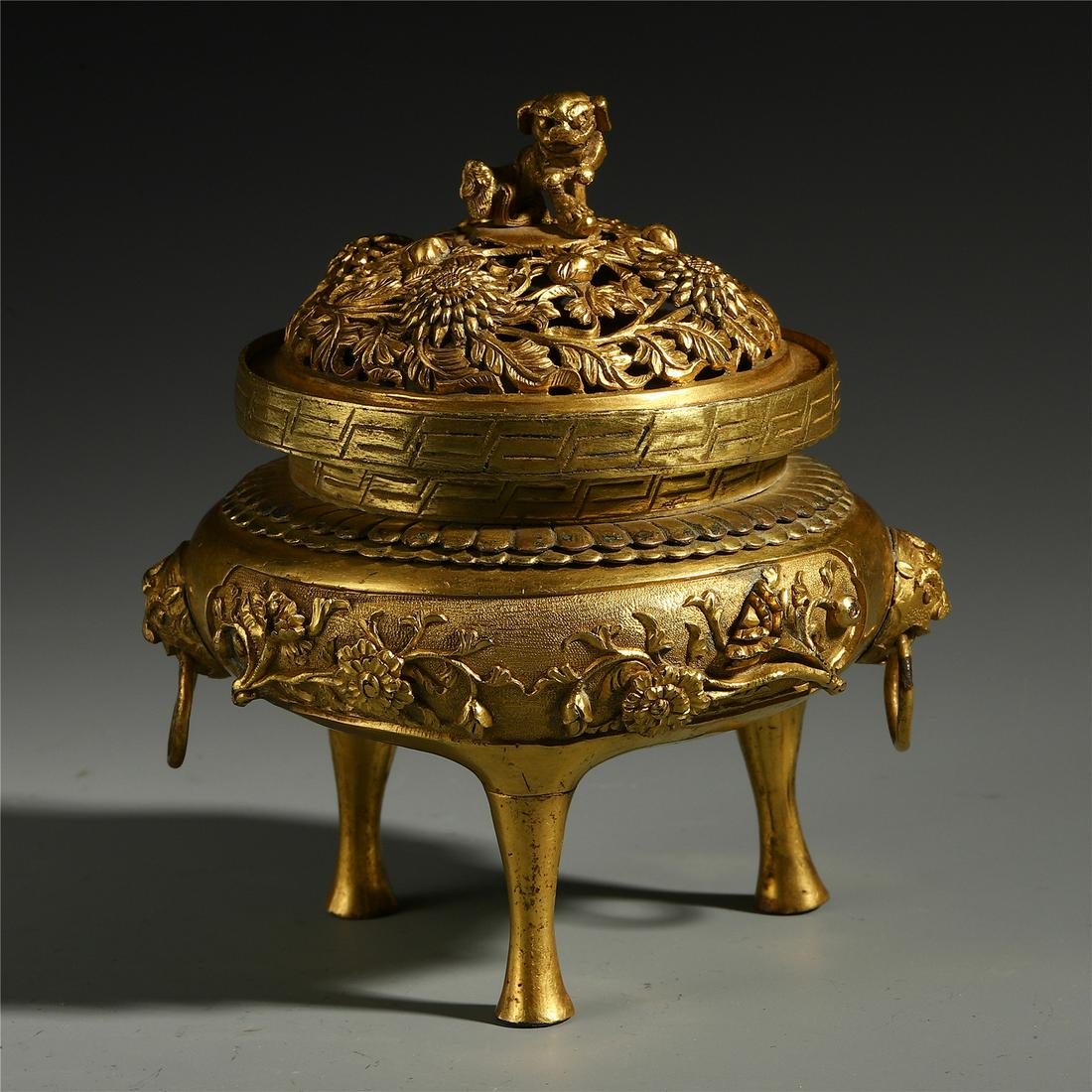 A Chinese Gilt Bronze Tripod Censer with Beast Handle (1 of 8)