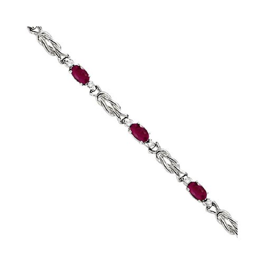 Oval Ruby and Diamond Love Knot Bracelet 14k White Gold: Oval Ruby and Diamond Love Knot Bracelet 14k White Gold (2.05ctw) **|**|** CENTER STONE; Ruby CENTER STONE CLARITY; CENTER STONE COLOR; Red CENTER STONE SETTING; Prong SIDE STONE CLARITY; SI SIDE STON