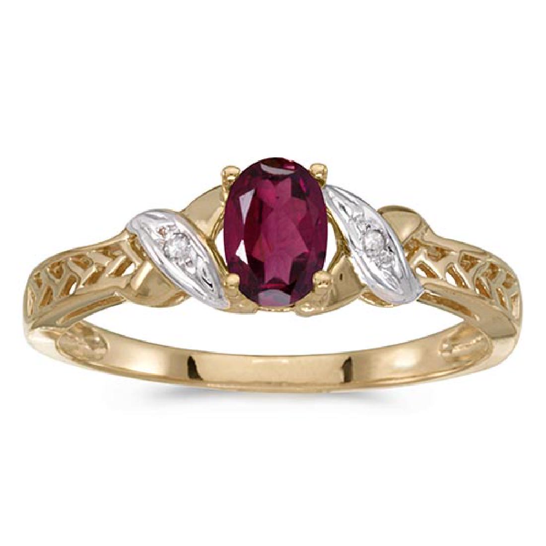 Certified 14k Yellow Gold Oval Rhodolite Garnet And Dia: Certified 14k Yellow Gold Oval Rhodolite Garnet And Diamond Ring **|**|** METAL PURITY: 14k ;METAL TYPE: Yellow gold ;GEM TYPE: rhodolite-garnet ;MAIN STONE COLOR: Red ;MAIN STONE SHAPE Oval ;STONE CL