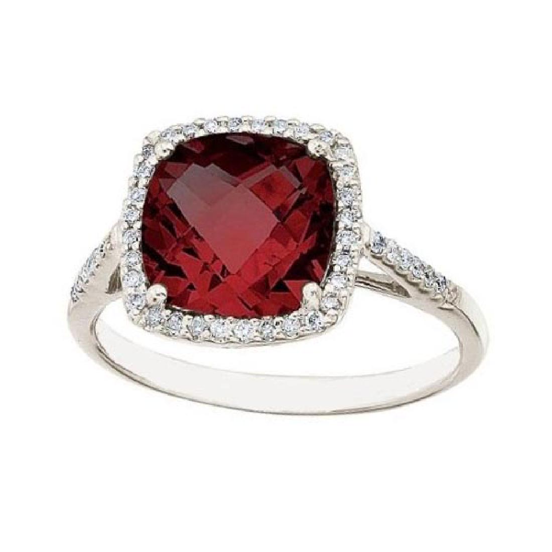 Cushion -Cut Garnet and Diamond Cocktail Ring 14k White: Cushion -Cut Garnet and Diamond Cocktail Ring 14k White Gold (3.70cttw) **|**|** CENTER STONE; Garnet CENTER STONE CLARITY; CENTER STONE COLOR; CENTER STONE SETTING; Prong SIDE STONE CLARITY; SI SIDE 