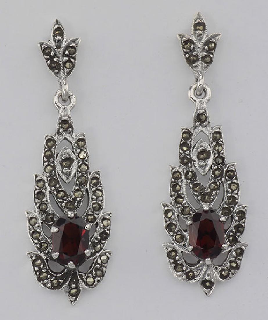 Beautiful Genuine Red Garnet and Marcasite Earrings - S: Beautiful Genuine Red Garnet and Marcasite Earrings - Sterling Silver **|**|** #E-42-G Sterling Silver Genuine Red Garnet and Marcasite Dangle Earrings. These earrings are new and a quality sterling s