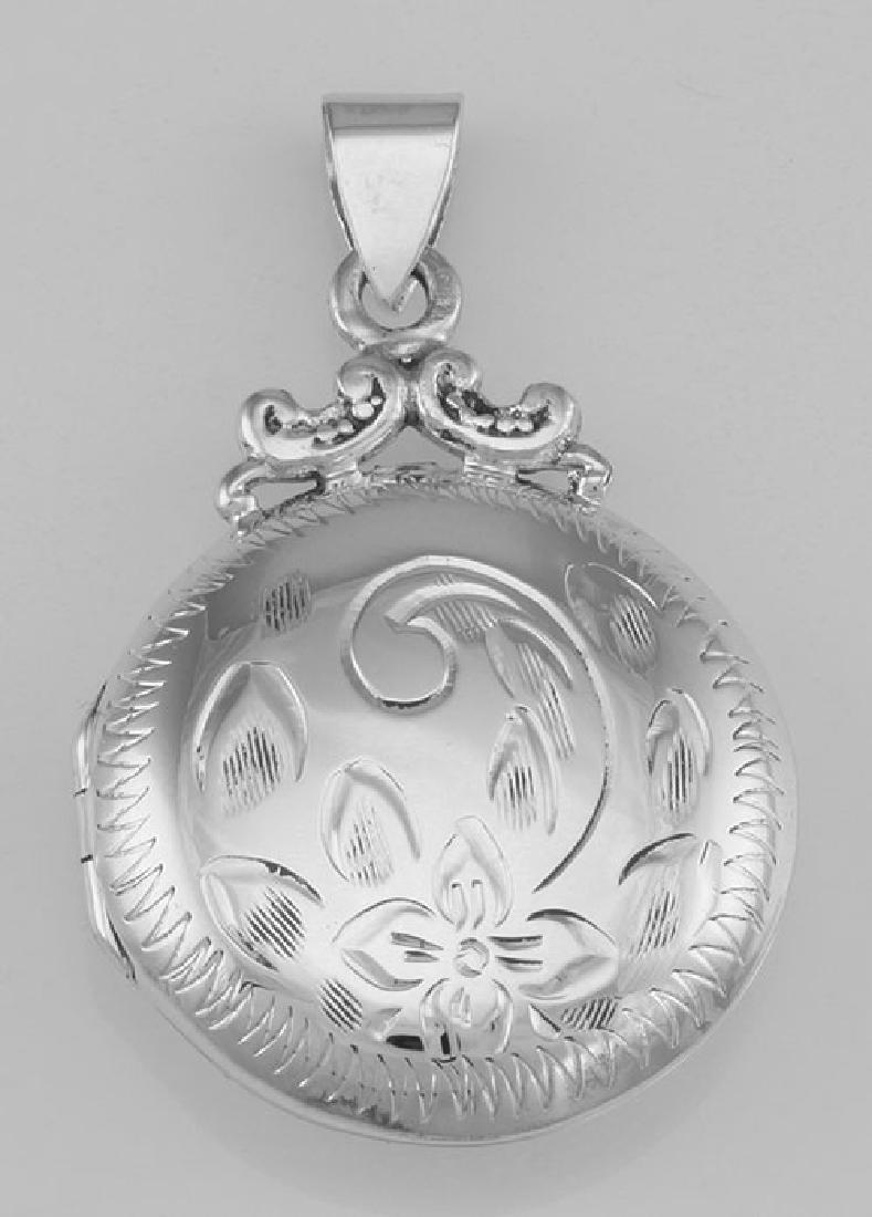 Victorian Style Sterling Silver Etched Round Fob Locket: Victorian Style Sterling Silver Etched Round Fob Locket **|**|** #HP-805 Sterling Silver Etched Round Fob Locket - This Victorian Style Fob Locket has lovely etched floral detailing on the front of th