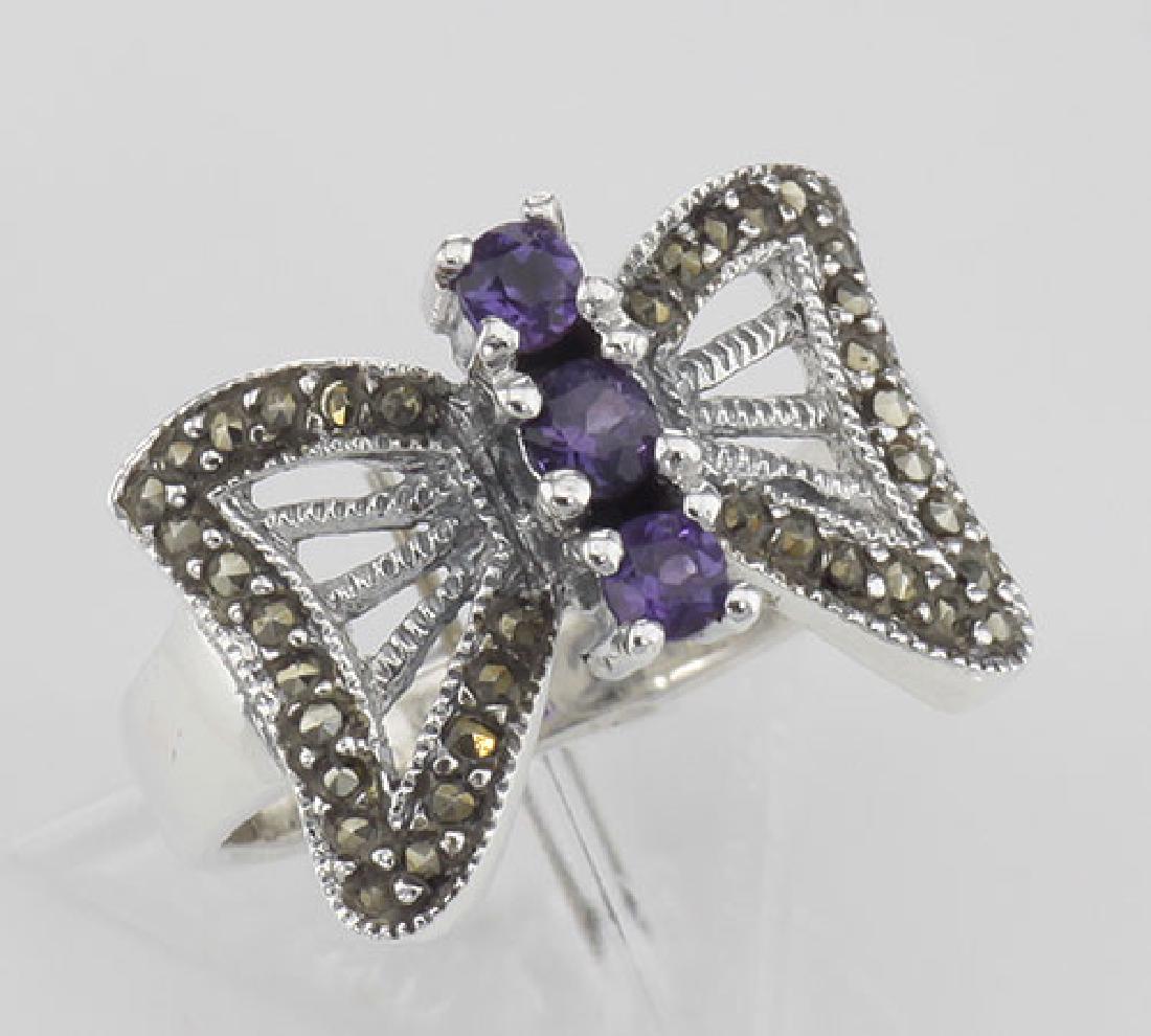 Beautiful Butterfly Design Amethyst and Marcasite Ring: Beautiful Butterfly Design Amethyst and Marcasite Ring Sterling Silver **|**|** #R-612 Amethyst Marcasite Ring - Butterfly Design - This beautiful Amethyst ring is hand crafted and finished in intrica