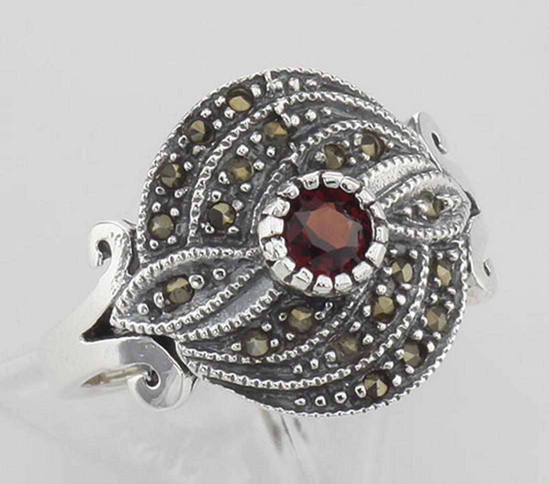 Antique Style Round Red Garnet and Marcasite Ring - Ste: Antique Style Round Red Garnet and Marcasite Ring - Sterling Silver **|**|** #R-416-G Wonderful Vintage Style Sterling Silver Garnet Ring with Marcasite. This ring features a brilliant cut 1/4 carat G