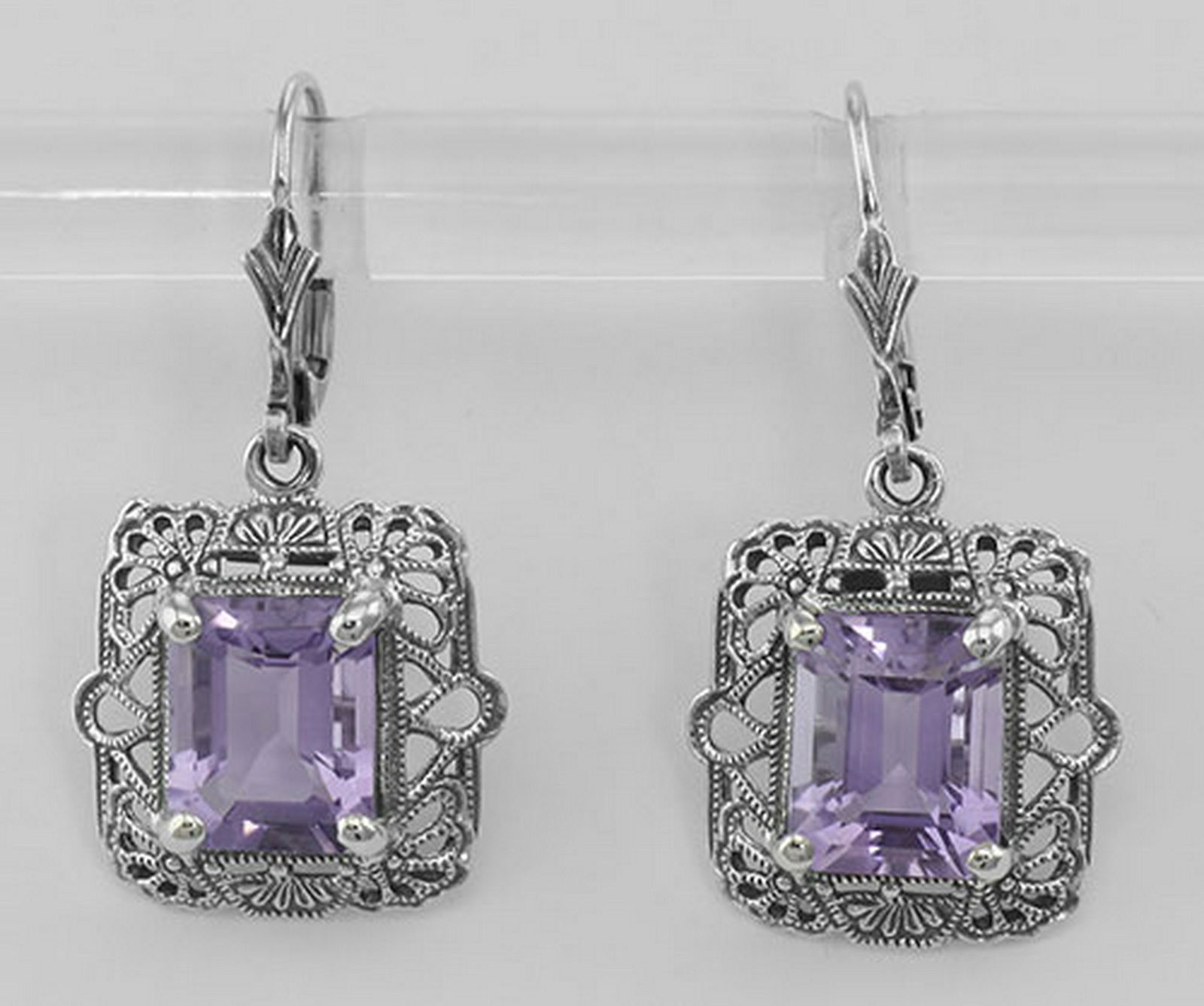 Art Deco Style 8 Carat TW Amethyst Filigree Earrings -: Art Deco Style 8 Carat TW Amethyst Filigree Earrings - Sterling Silver **|**|** #FE-222-AM These Sterling Silver Art Deco Style Amethyst (Octagon cut) Filigree Earrings with lever backs combine