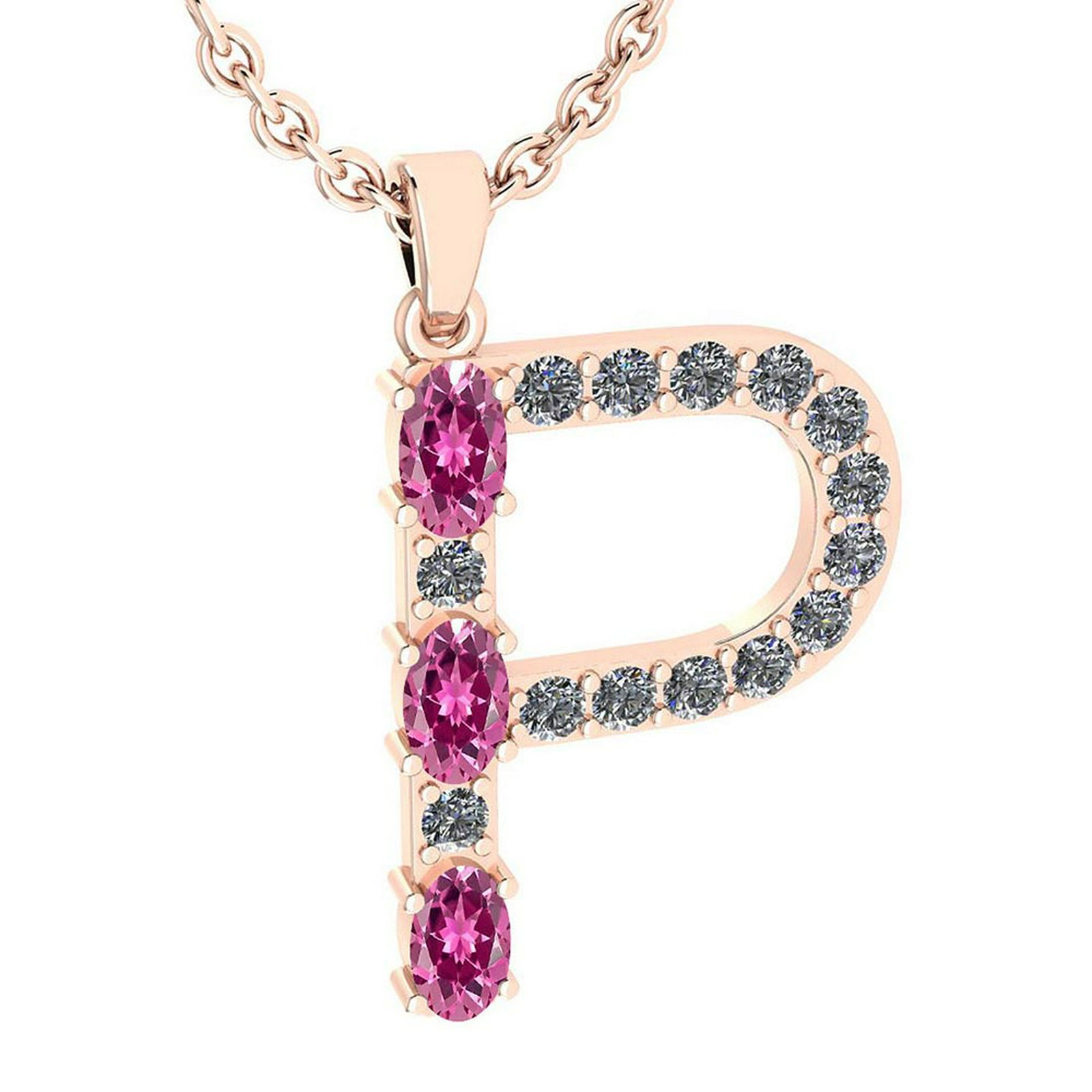 Certified 1.67 Ctw Pink Tourmaline And Diamond Alphabet: Certified 1.67 Ctw Pink Tourmaline And Diamond Alphabet P Pendant from the Valentines collection 14K Rose Gold (VS/SI1) MADE IN USA **|**|** Color Stone Approx Weight ; 0.75 Ctw (3 Pcs Oval) Stone Col