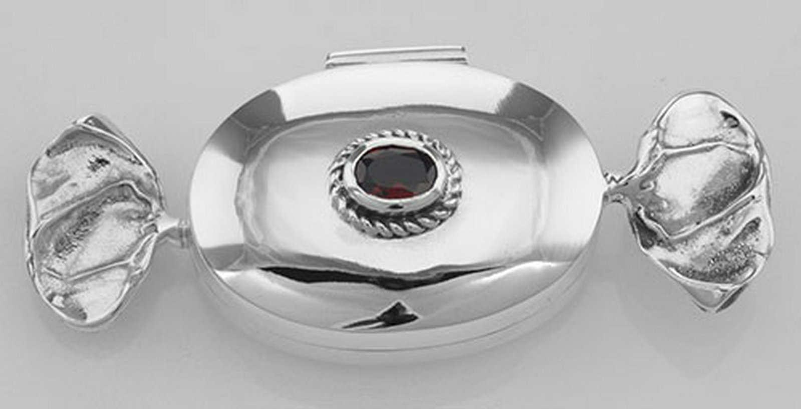 Antique Style Red Garnet Candy Pillbox in Fine Sterling: Antique Style Red Garnet Candy Pillbox in Fine Sterling Silver **|**|** #X-9115-G This sterling silver candy Pillbox / Pill Box with garnet - The garnet is approximately .45 carats. A clever design ma