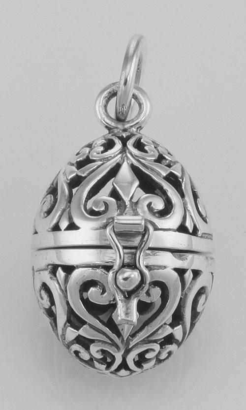 Sterling Silver Egg Filigree Aromatherapy Locket Pendan: Sterling Silver Egg Filigree Aromatherapy Locket Pendant with Front Clasp **|**|** #HP-1189 Sterling Silver Locket / Lockets - This Sterling Silver Egg Shape Filigree Aromatherapy Locket Pendant with 