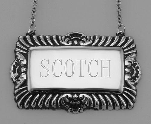 Scotch Liquor Decanter Label / Tag - Sterling Silver: Scotch Liquor Decanter Label / Tag - Sterling Silver **|**|** #LL-502 Sterling Silver Scotch Liquor Decanter Label / Tag. This Scotch Bottle Ticket measures approx. 2 3/8 inches W x 1 1/2 inches H. Th