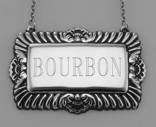 Bourbon Liquor Decanter Label / Tag - Sterling Silver: Bourbon Liquor Decanter Label / Tag - Sterling Silver **|**|** #LL-506 Sterling Silver Boubon Liquor Decanter Label / Tag. This Bourbon Bottle Ticket measures approx. 2 3/8 inches W x 1 1/2 inches H. 