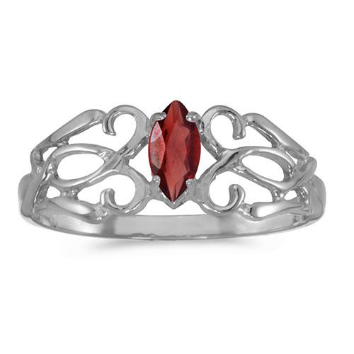 Certified 10k White Gold Marquise Garnet Filagree Ring: Certified 10k White Gold Marquise Garnet Filagree Ring **|**|** METAL PURITY: 10k ;METAL TYPE: White gold ;GEM TYPE: garnet ;MAIN STONE COLOR: Red ;MAIN STONE SHAPE Marquise ;STONE CLARITY: ;STONE COL