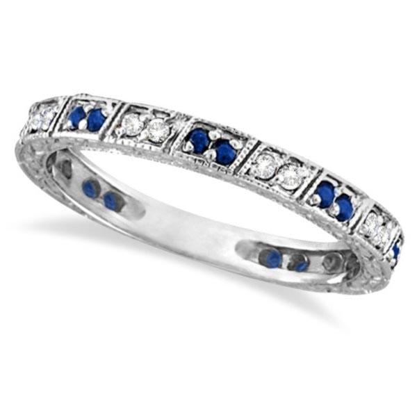 Blue Sapphire and Diamond Filigree Ring Anniversary Ban: Blue Sapphire and Diamond Filigree Ring Anniversary Band 14k White Gold **|**|** METAL TYPE: 14k White Gold ;TOTAL CARAT WEIGHT: 0.3 ;NAME OF CENTER STONE: Diamond ;CENTER STONE SHAPE: Round ;CENTER S