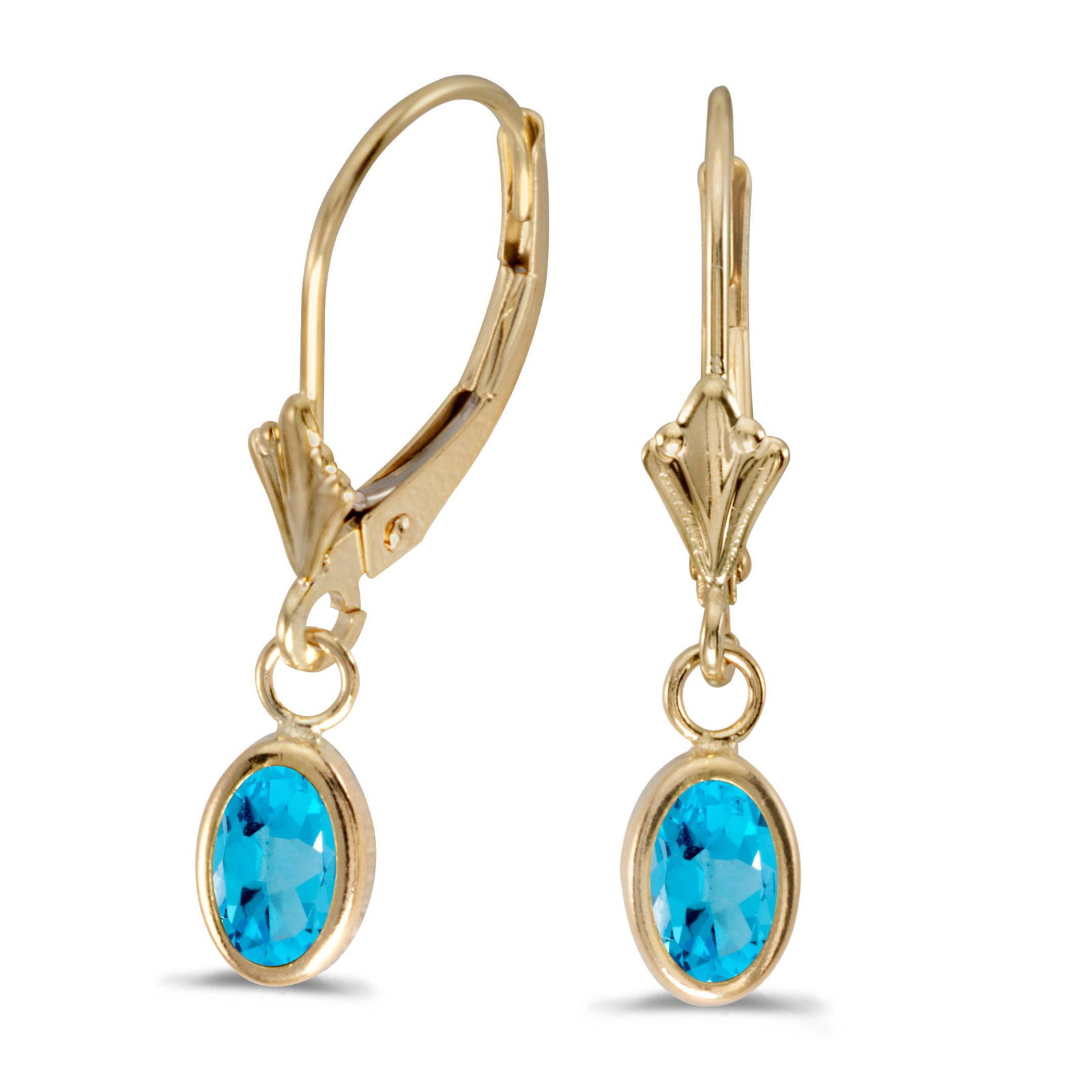 Certified 14k Yellow Gold Oval Blue Topaz Bezel Lever-b: Certified 14k Yellow Gold Oval Blue Topaz Bezel Lever-back Earrings 0.8 CTW **|**|** METAL PURITY: 14k ;METAL TYPE: Yellow gold ;GEM TYPE: blue-topaz ;MAIN STONE COLOR: Blue ;MAIN STONE SHAPE Oval ;ST
