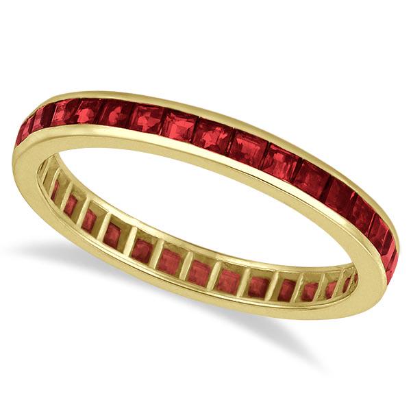 Princess-Cut Garnet Eternity Ring Band 14k Yellow Gold: Princess-Cut Garnet Eternity Ring Band 14k Yellow Gold (1.20ct) **|**|** CENTER STONE; Garnet CENTER STONE CLARITY; CENTER STONE COLOR; Red CENTER STONE SETTING; Channel SIDE STONE CLARITY; SIDE STONE
