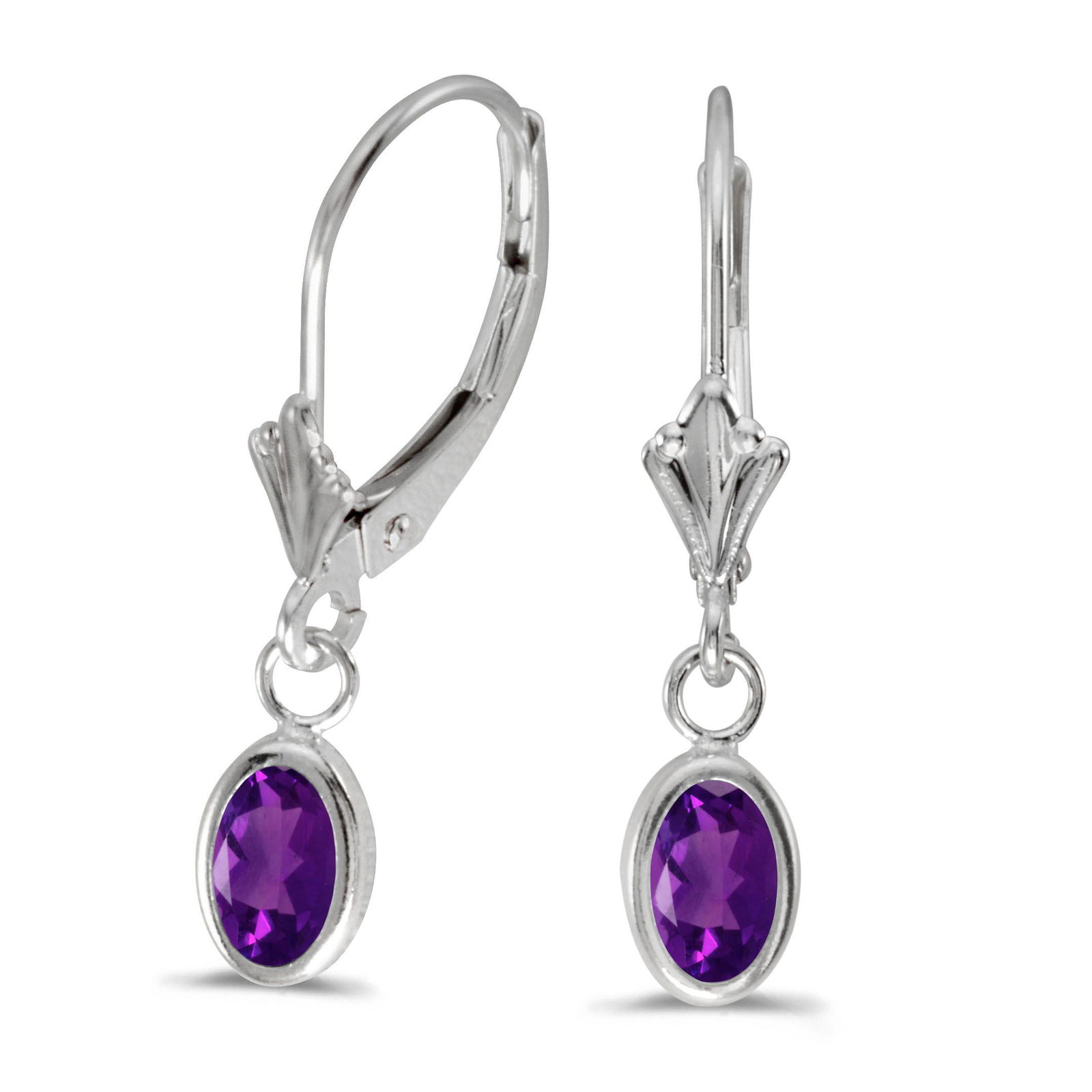 Certified 14k White Gold Oval Amethyst Bezel Lever-back: Certified 14k White Gold Oval Amethyst Bezel Lever-back Earrings 0.68 CTW **|**|** METAL PURITY: 14k ;METAL TYPE: White gold ;GEM TYPE: amethyst ;MAIN STONE COLOR: Purple ;MAIN STONE SHAPE Oval ;STONE