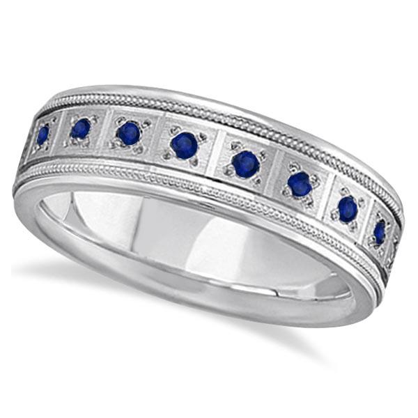 Blue Sapphire Ring for Men Wedding Band 14k White Gold: Blue Sapphire Ring for Men Wedding Band 14k White Gold (0.80ctw) **|**|** CENTER STONE; Sapphire CENTER STONE CLARITY; CENTER STONE COLOR; Blue CENTER STONE SETTING; Burnish SIDE STONE CLARITY; SIDE S