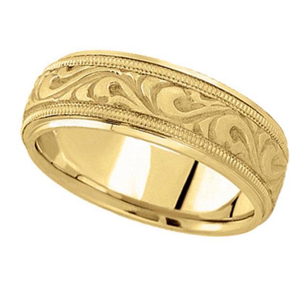 Antique Style Handmade Wedding Band in 18k Yellow Gold: Antique Style Handmade Wedding Band in 18k Yellow Gold (7.5mm) **|**|** CENTER STONE; CENTER STONE CLARITY; CENTER STONE COLOR; CENTER STONE SETTING; SIDE STONE CLARITY; SIDE STONE COLOR; SIDE STONE S