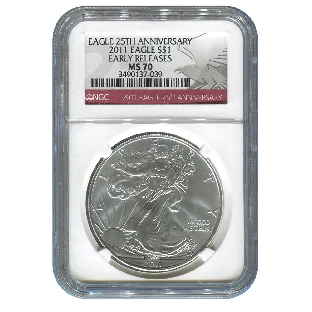 Certified Uncirculated Silver Eagle 2011 MS70 NGC 25th: Certified Uncirculated Silver Eagle 2011 MS70 NGC 25th Anniversary Early Release **|**|** Certified Uncirculated Silver Eagle 2011 MS70 NGC 25th Anniversary Early Release #PAPPS49445