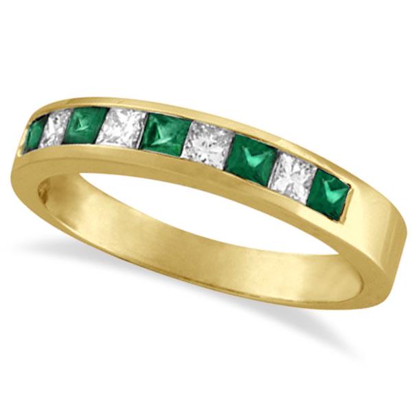 Princess-Cut Diamond and Emerald Ring Band 14k Yellow G: Princess-Cut Diamond and Emerald Ring Band 14k Yellow Gold (0.73ct) **|**|** CENTER STONE; Emerald CENTER STONE CLARITY; CENTER STONE COLOR; Green CENTER STONE SETTING; Channel SIDE STONE CLARITY; SI 