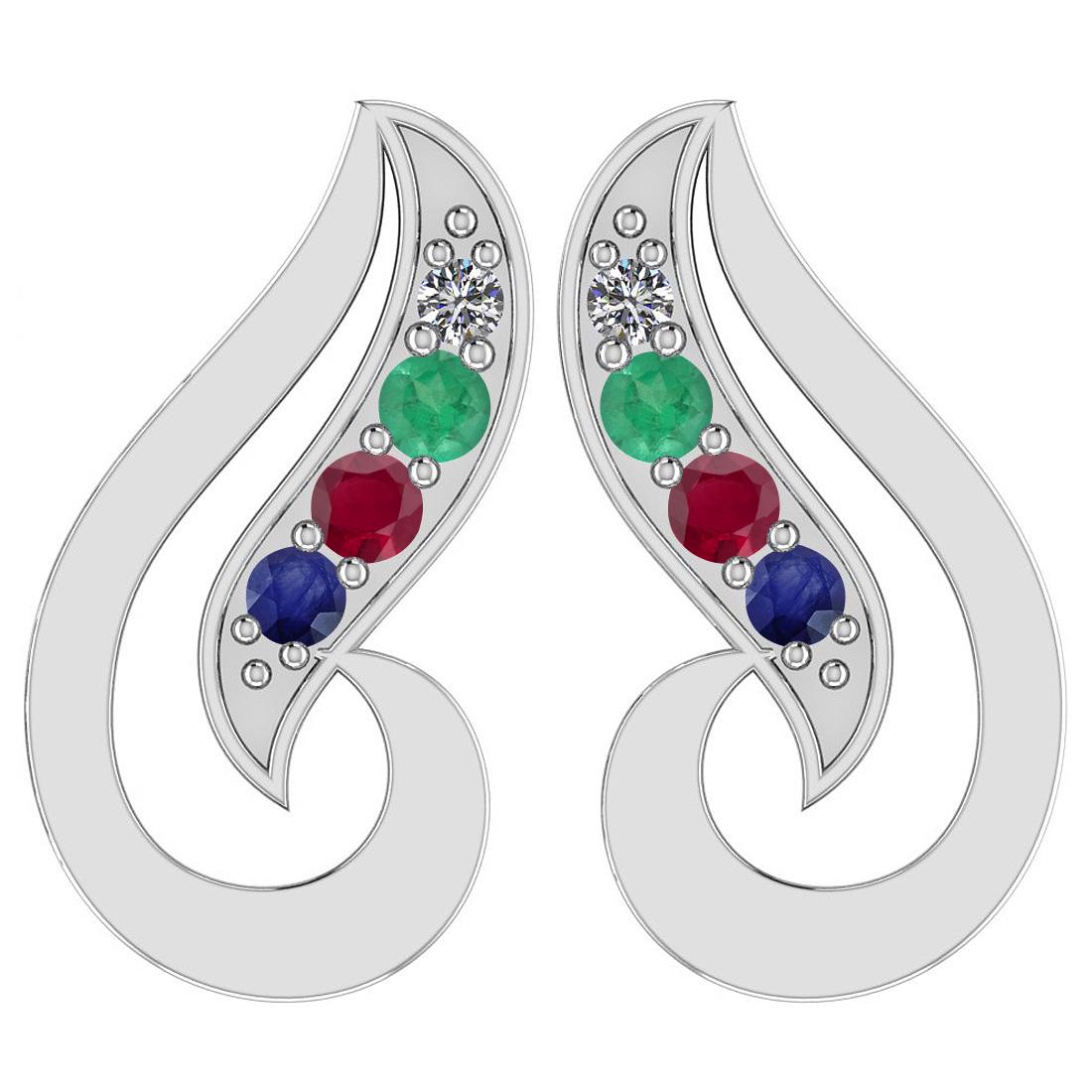 Certified 0.17 Ctw Emerald, Ruby, Sapphire And Diamond: Certified 0.17 Ctw Emerald, Ruby, Sapphire And Diamond I1/I2 14K White Gold Stud Earrings **|**|** Multi Stone Approx Weight: 0.15 Ctw (6 Round) Multi Stone Color: Emerald, Ruby, Sapphire Center Stone