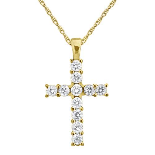 Prong-Set Diamond Cross Pendant Necklace 14k Yellow Gol: Prong-Set Diamond Cross Pendant Necklace 14k Yellow Gold (0.55ct) **|**|** CENTER STONE; Diamond CENTER STONE CLARITY; SI CENTER STONE COLOR; G-h CENTER STONE SETTING; Prong SIDE STONE CLARITY; SIDE S
