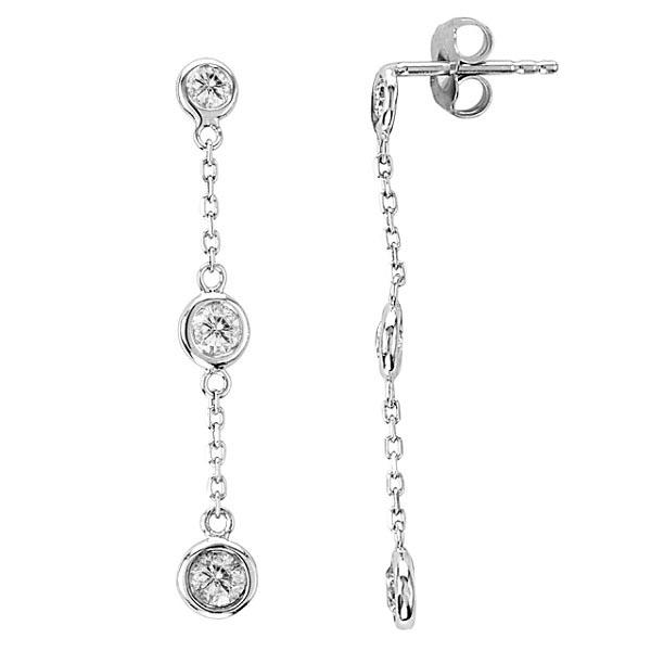 Diamonds by The Yard Bezel-Set Drop Earrings 14k White: Diamonds by The Yard Bezel-Set Drop Earrings 14k White Gold (0.25ct) **|**|** CENTER STONE; Diamond CENTER STONE CLARITY; SI CENTER STONE COLOR; G-h CENTER STONE SETTING; Bezel SIDE STONE CLARITY; SID