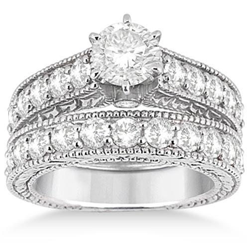 Antique Diamond Wedding and Engagement Ring Set 14k Whi: Antique Diamond Wedding and Engagement Ring Set 14k White Gold (3.05ct) **|**|** CENTER STONE DIAMOND COLOR: G-H CLARITY: VS2-SI1 CENTER STONE WEIGHT: .90 CTW SIDE STONE: DIAMOND SIDE STONE CLARITY AN